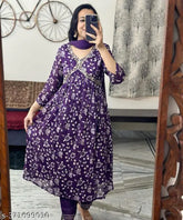 Purple Alia cut cotton three-quarter sleeve printed blouse, featuring a variety of patterns. Close-up image showcases the vibrant purple color and detailed design. Available in sizes S-7XL, ideal for women's fashion